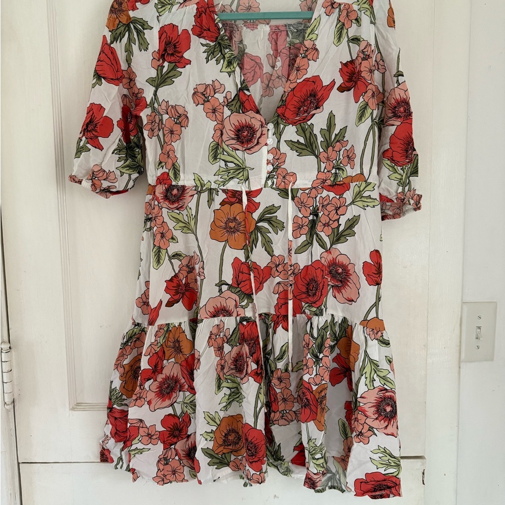 Floral Print Dress with Red and Green Accents